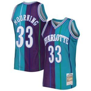 Alonzo Mourning Charlotte Hornets Hardwood Classics 1992/93 Split Swingman Jersey - Teal/Purple