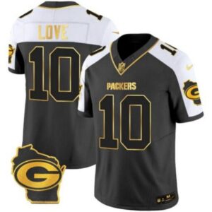 Green Bay Packers #10 Jordan Love Black/White Gold 2024 F.U.S.E. Home Patch Vapor Untouchable Limited Football Stitched Jersey