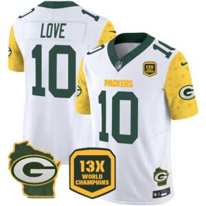 Green Bay Packers #10 Jordan Love White 2024 F.U.S.E. 13 Time World Champions And Home Patch Vapor Untouchable Limited Football Stitched Jersey