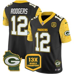 Green Bay Packers #12 Aaron Rodgers Black 2024 F.U.S.E. 13 Time World Champions And Home Patch Vapor Untouchable Limited Football Stitched Jersey