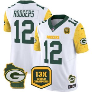 Green Bay Packers #12 Aaron Rodgers White 2024 F.U.S.E. 13 Time World Champions And Home Patch Vapor Untouchable Limited Football Stitched Jersey