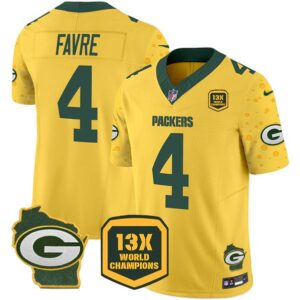 Green Bay Packers #4 Brett Favre Gold 2024 F.U.S.E. 13 Time World Champions And Home Patch Vapor Untouchable Limited Football Stitched Jersey