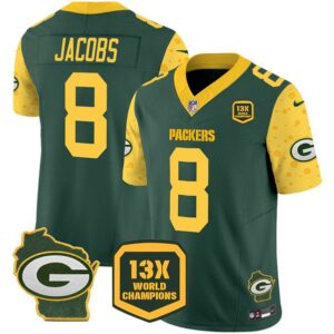 Green Bay Packers #8 Josh Jacobs Green 2024 F.U.S.E. 13 Time World Champions And Home Patch Vapor Untouchable Limited Football Stitched Jersey