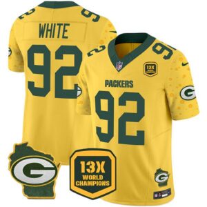 Green Bay Packers #92 Reggie White Gold 2024 F.U.S.E. 13 Time World Champions And Home Patch Vapor Untouchable Limited Football Stitched Jersey