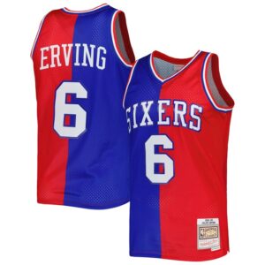 Julius Erving Philadelphia 76ers Hardwood Classics 1982/83 Split Swingman Jersey - Royal/Red