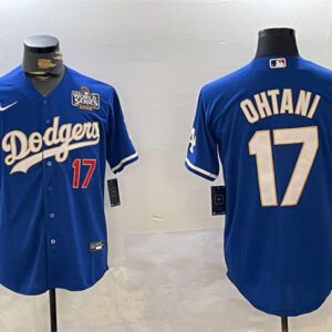 Los Angeles Dodgers #17 Shohei Ohtani Blue 2024 World Series Vin Patch Cool Base Stitched Baseball Jersey