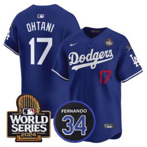 Los Angeles Dodgers #17 Shohei Ohtani Royal 2024 World Series With Fernando Memorial Patch Limited Stitched Baseball Jersey