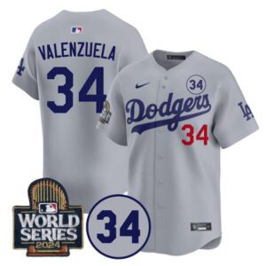 Los Angeles Dodgers #34 Toro Valenzuela Gray 2024 World Series With No. 34 Patch Limited Stitched Baseball Jersey