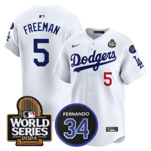 Los Angeles Dodgers #5 Freddie Freeman White 2024 World Series With Fernando Memorial Patch Limited Stitched Baseball Jersey