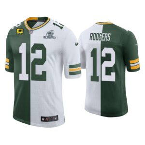 Men Aaron Rodgers Green Bay Packers Green White 2020 NFL Playoffs Split Jersey