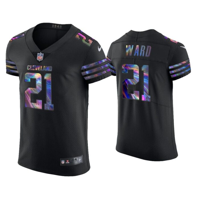 Men Denzel Ward Cleveland Browns Black Golden Edition Holographic Jersey