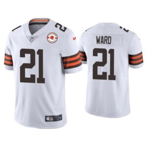 Men Denzel Ward Cleveland Browns White 75th Anniversary Patch Vapor Limited Jersey