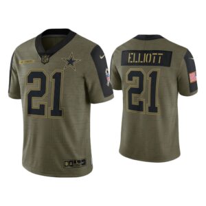 Men Ezekiel Elliott Dallas Cowboys Olive 2021 Salute To Service Limited Jersey