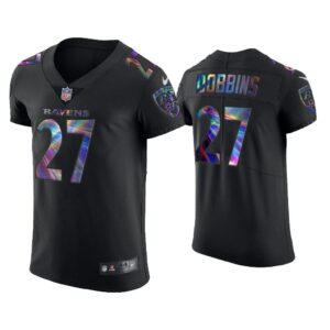 Men J. K. Dobbins Baltimore Ravens Black Golden Edition Holographic Jersey