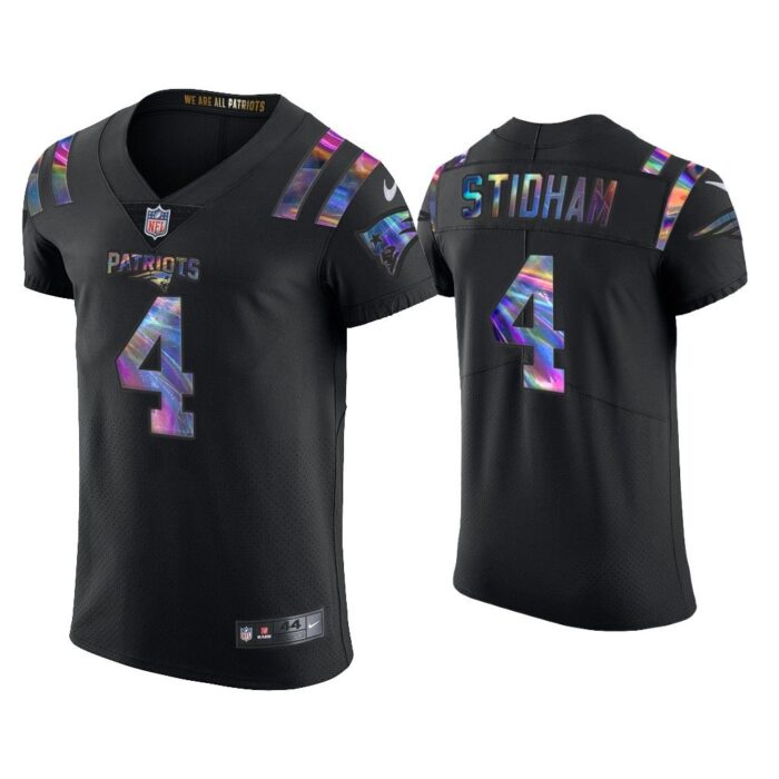 Men Jarrett Stidham New England Patriots Black Golden Edition Holographic Jersey