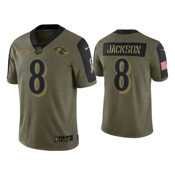 Men Lamar Jackson Baltimore Ravens Olive 2021 Salute To Service Limited Jersey