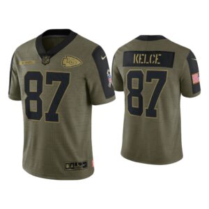 Men Travis Kelce Kansas City Chiefs Olive 2021 Salute To Service Limited Jersey