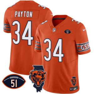 Men's Chicago Bears #34 Walter Payton Orange F.U.S.E. With Illinois and No. 51 Patch Football Stitched Jersey