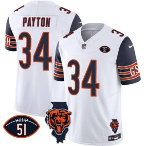 Men's Chicago Bears #34 Walter Payton White F.U.S.E. With Illinois and No. 51 Patch Football Stitched Jersey