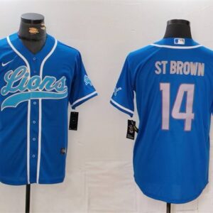 Men's Detroit Lions #14 Amon-Ra St. Brown Blue Cool Base Stitched Baseball Jersey