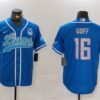 Men's Detroit Lions #16 Jared Goff Blue With 90th Anniversary Patch Cool Base Stitched Baseball Jersey