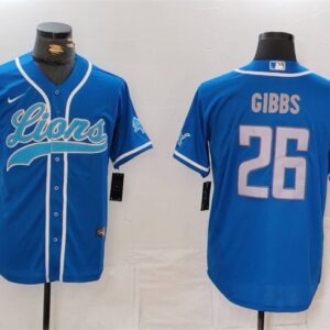 Men's Detroit Lions #26 Jahmyr Gibbs Blue Cool Base Stitched Baseball Jersey