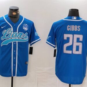 Men's Detroit Lions #26 Jahmyr Gibbs Blue With 90th Anniversary Patch Cool Base Stitched Baseball Jersey