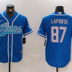 Men's Detroit Lions #87 Sam LaPorta Blue Cool Base Stitched Baseball Jersey