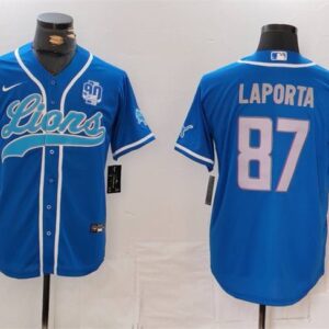 Men's Detroit Lions #87 Sam LaPorta Blue With 90th Anniversary Patch Cool Base Stitched Baseball Jersey