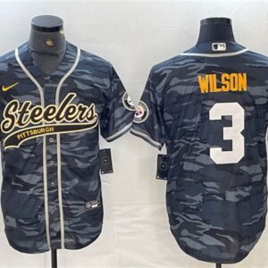 Men's Pittsburgh Steelers #3 Russell Wilson Gray Camo With Patch Cool Base Stitched Baseball Jersey