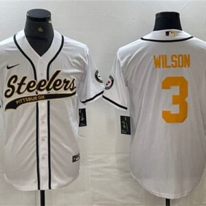 Men's Pittsburgh Steelers #3 Russell Wilson White Gold With Patch Cool Base Stitched Baseball Jersey