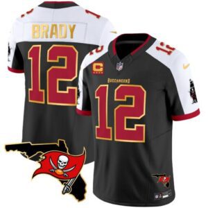 Men's Tampa Bay Buccaneers #12 Tom Brady Black/White With Florida Patch Gold Trim Vapor Football Stitched Jersey