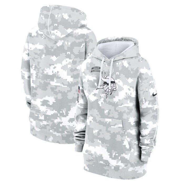 Minnesota Vikings Women's 2024 Salute To Service Club Fleece Pullover Hoodie - Arctic Camo