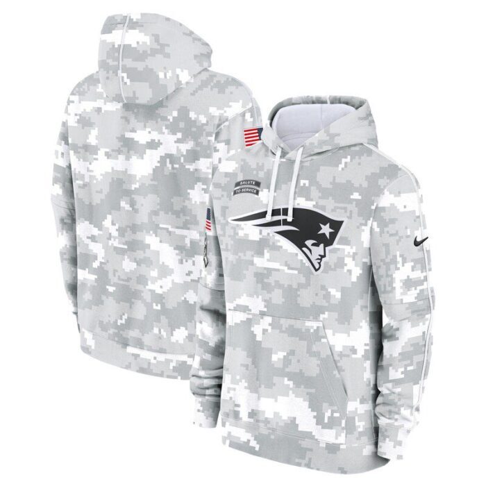 New England Patriots Youth 2024 Salute To Service Pullover Hoodie - White/Gray