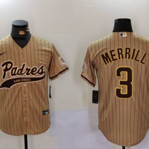 San Diego Padres #3 Jackson Merrill Tan Cool Base Stitched Baseball Jersey