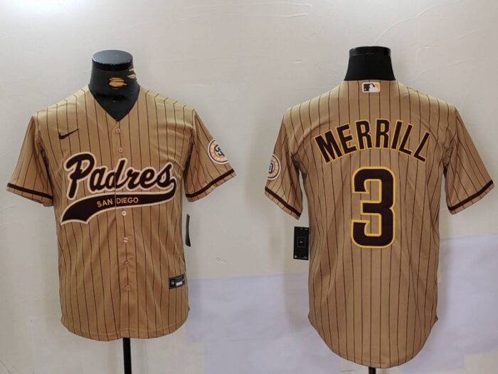 San Diego Padres #3 Jackson Merrill Tan Cool Base Stitched Baseball Jersey