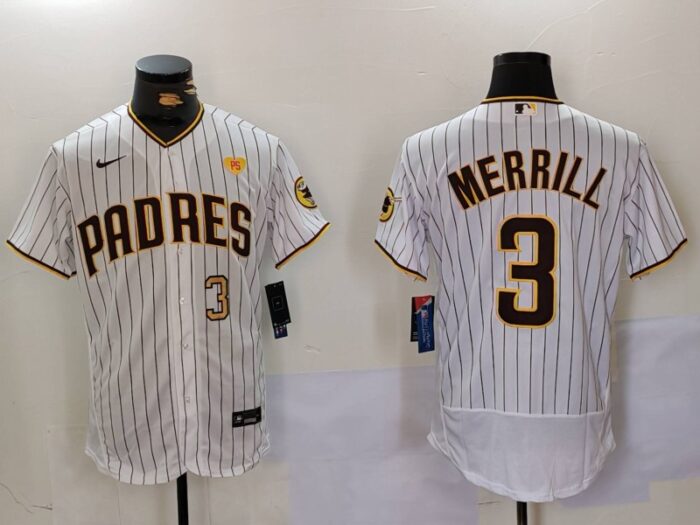 San Diego Padres #3 Jackson Merrill White With PS Patch Flex Base Stitched Baseball Jersey