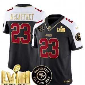 San Francisco 49ers #23 Christian McCaffrey Black/White 2024 F.U.S.E. Super Bowl LVIII Patch Alternate Vapor Limited Football Stitched Jersey