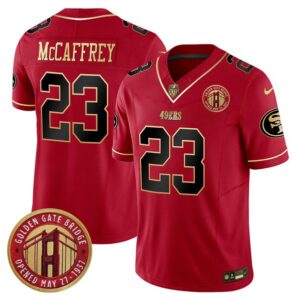 San Francisco 49ers #23 Christian McCaffrey Red F.U.S.E. Golden Gate Bridge Patch Scarlet Vapor Limited Football Stitched Jersey