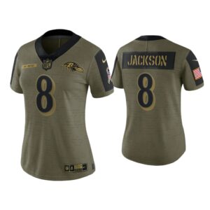 Women Lamar Jackson Baltimore Ravens Olive 2021 Salute To Service Limited Jersey