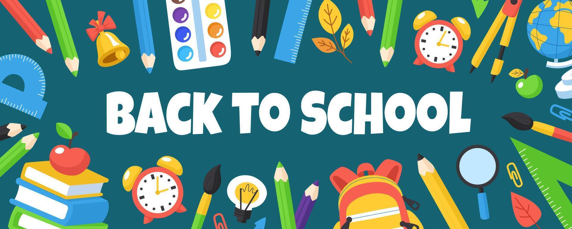 26 back to school banner horizontal poster with school supplies and the inscription back to school vector
